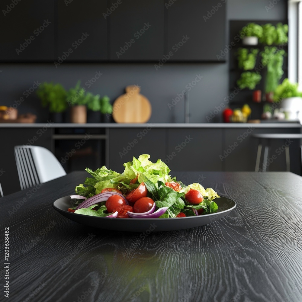Realistic Photo of a Black Wooden Table in a Modern Kitchen with a Salad Plate in Natural Light Realistic Photo of a Black Wooden Table in a Modern Kitchen with a Salad Plate in Natural Light