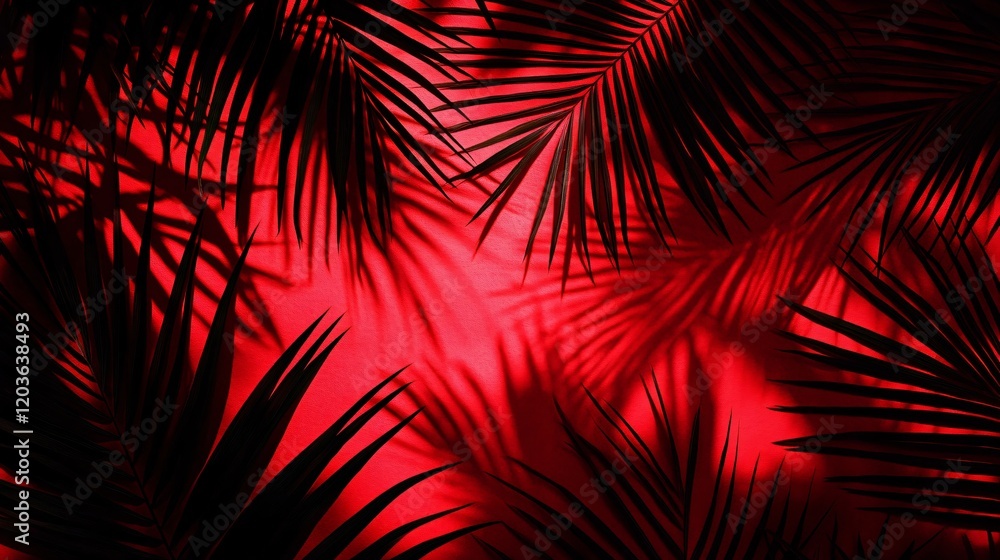 Dramatic Palm Shadows on Red Background, Tropical Summer Aesthetic Dramatic Palm Shadows on Red Background, Tropical Summer Aesthetic