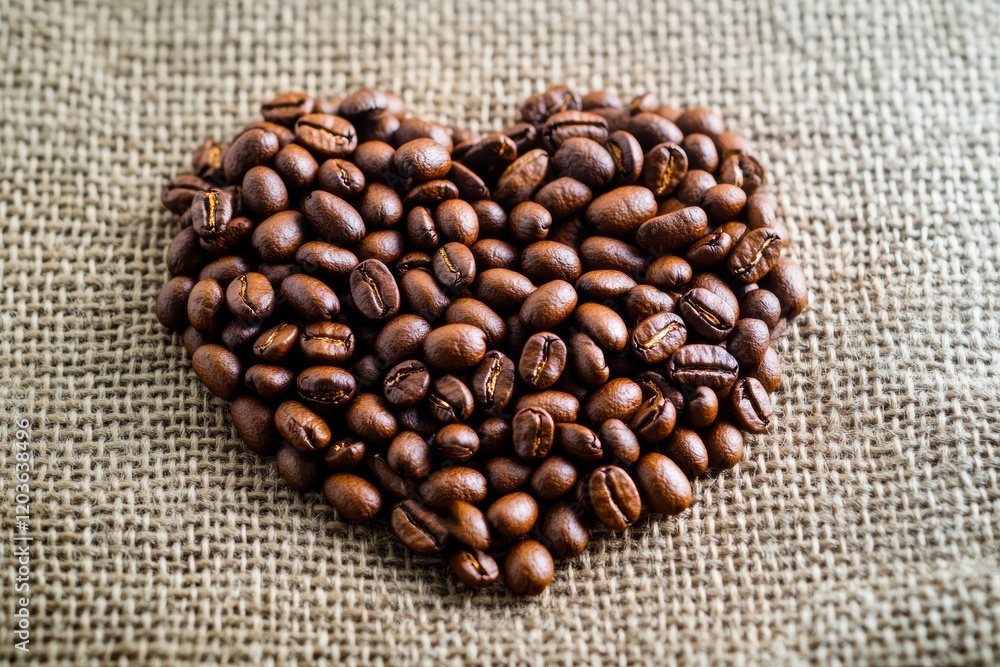 Coffee beans create a heart shape on burlap fabric showcasing love for coffee Coffee beans create a heart shape on burlap fabric showcasing love for coffee