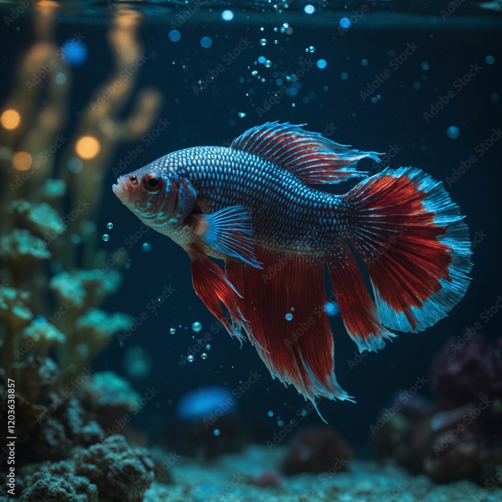 A Betta fish surrounded by glowing orbs of light, with a soft, dreamy underwater background. A Betta fish surrounded by glowing orbs of light, with a soft, dreamy underwater background.
