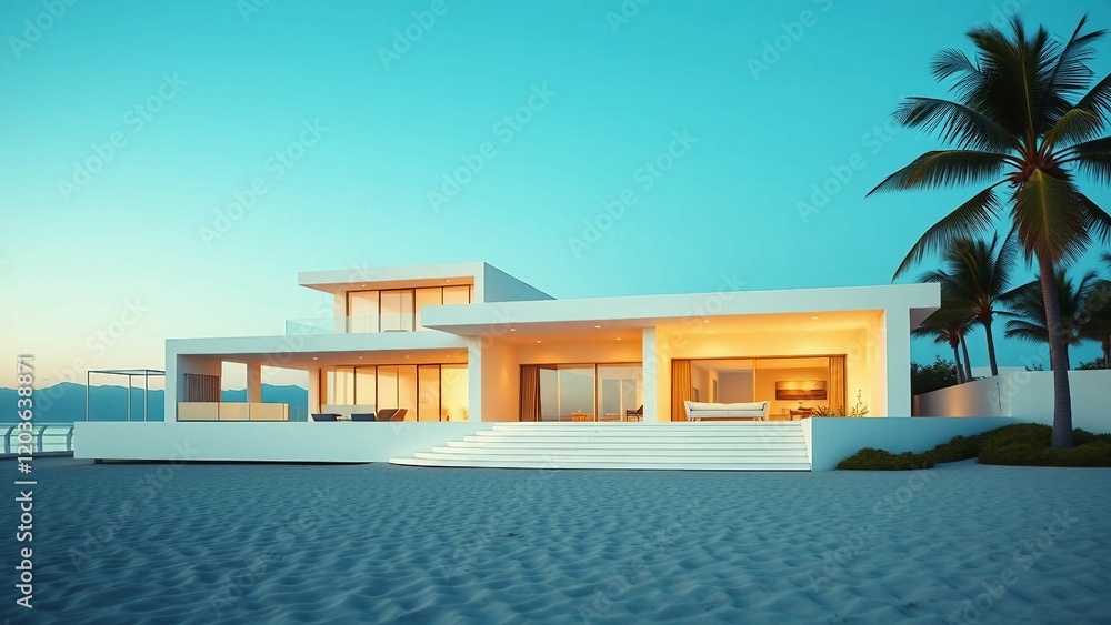 Fototapeta premium A sleek contemporary one-story beach mansion hotel-like design stands elegantly in white against the