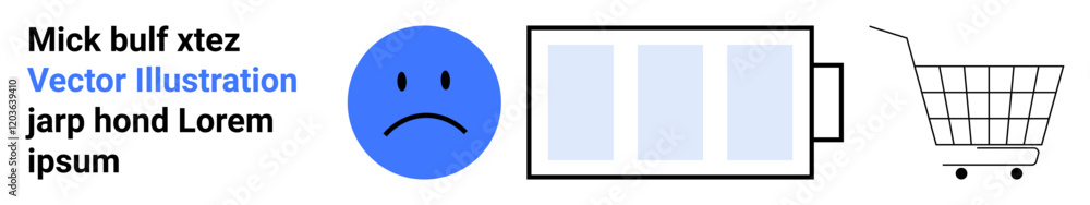 Fototapeta premium Sad blue face emotion next to a low battery icon and a shopping cart. Ideal for themes on energy depletion, consumer fatigue, online shopping, mental health, emotional expression, consumer awareness