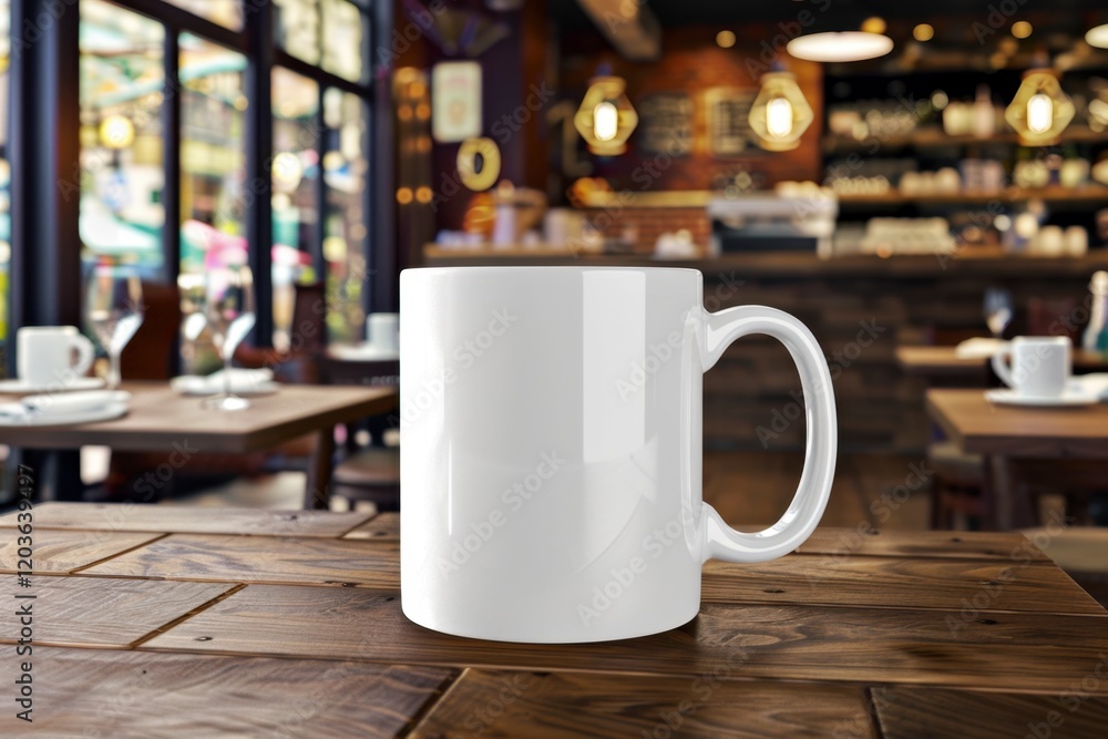 Blank White Mug on Wooden Table in Cozy Cafe Interior Setting Blank White Mug on Wooden Table in Cozy Cafe Interior Setting