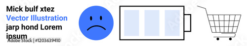 Sad blue face emotion next to a low battery icon and a shopping cart. Ideal for themes on energy depletion, consumer fatigue, online shopping, mental health, emotional expression, consumer awareness