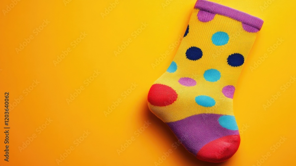 A single sock with bright polka dots placed on a vibrant yellow background A single sock with bright polka dots placed on a vibrant yellow background