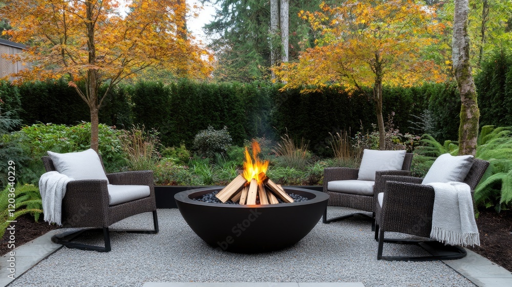 Fototapeta premium Warm flames dance in a fire pit surrounded by two wooden chairs and a blanket, creating a relaxed atmosphere near an open field and trees under natural light.