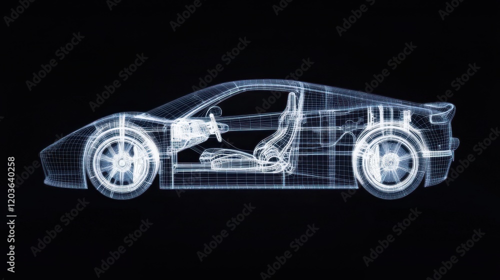 A futuristic wireframe representation of a sports car against a dark background. A futuristic wireframe representation of a sports car against a dark background.