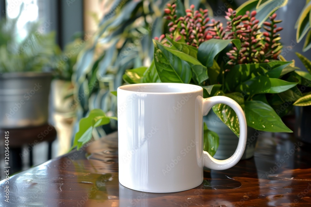 White Coffee Mug on Wooden Table Surrounded by Lush Green Plants White Coffee Mug on Wooden Table Surrounded by Lush Green Plants