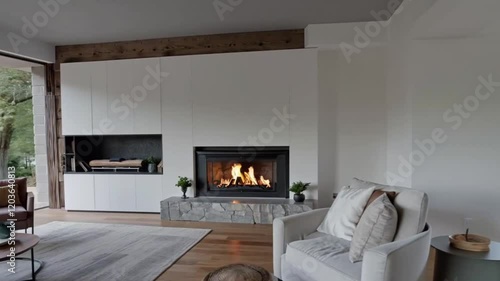 Cozy modern room with a fireplace, blending nature and home decor in perfect harmony through generative AI design.