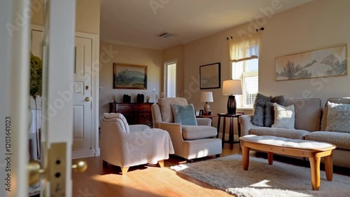 Room at sunset, featuring warm lighting, soft textures, and a peaceful ambiance for a relaxing vibe.