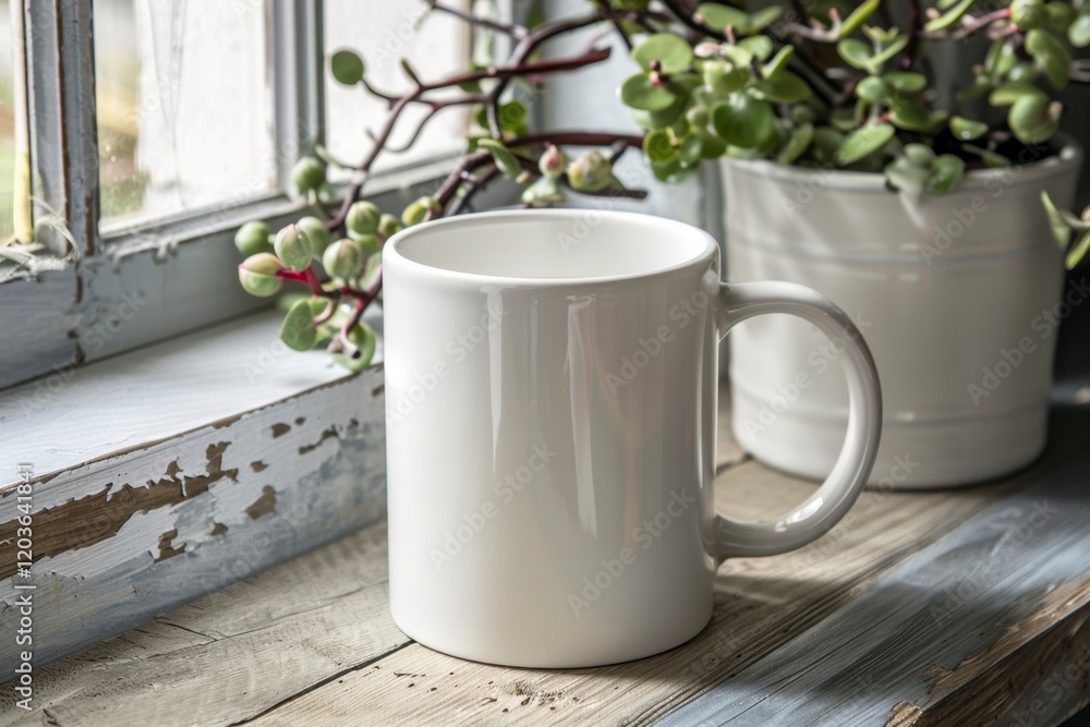 White Ceramic Mug on Rustic Window Sill with Greenery Background White Ceramic Mug on Rustic Window Sill with Greenery Background