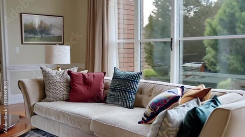 Luxurious living room with a comfortable beige sofa, decorated with cushions, and a large window framed by curtains.
