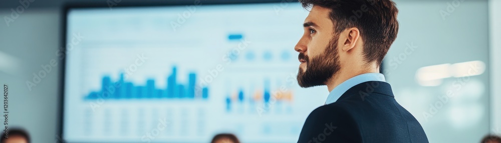 Obraz premium A focused professional presenting data insights in a modern office environment, showcasing teamwork and innovation.