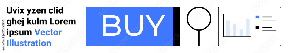 Blue BUY button, black search icon, and graph icon representing data analytics. Ideal for e-commerce, online shopping, digital marketing, SEO, web analytics, user experience, sales optimization Blue BUY button, black search icon, and graph icon representing data analytics. Ideal for e-commerce, online shopping, digital marketing, SEO, web analytics, user experience, sales optimization