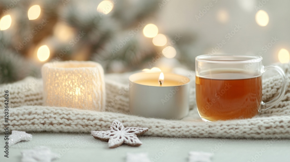 Cozy Winter Scene, Tea, Candles, and Knitted Blanket Cozy Winter Scene, Tea, Candles, and Knitted Blanket