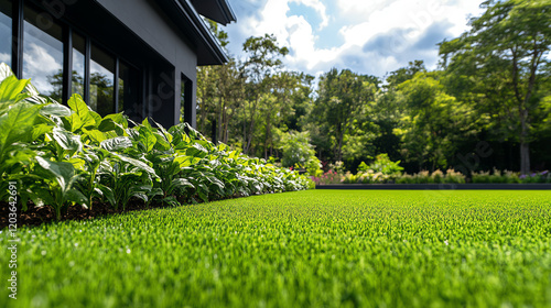 Wallpaper Mural Lush green lawn bordered by vibrant plants under a bright blue sky, perfect for outdoor relaxation and landscaping inspiration. Torontodigital.ca