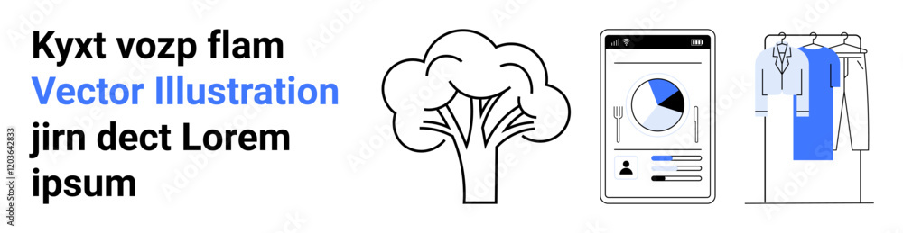 Tree illustration, smartphone displaying data analysis with charts, and clothes hanging on a rack. Ideal for technology, environment, fashion, data analysis, sustainability, business UIUX designs Tree illustration, smartphone displaying data analysis with charts, and clothes hanging on a rack. Ideal for technology, environment, fashion, data analysis, sustainability, business UIUX designs
