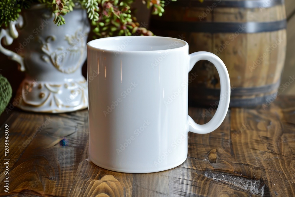 Fototapeta premium Plain White Ceramic Mug on Wooden Table with Decorative Background