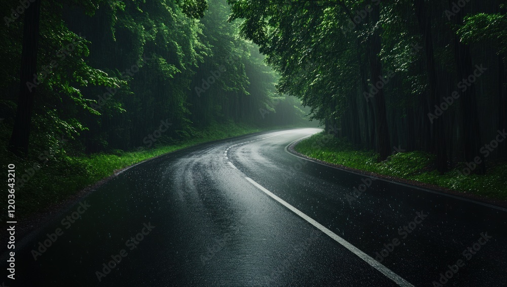 Rainy Road Through Lush Forest Rainy Road Through Lush Forest