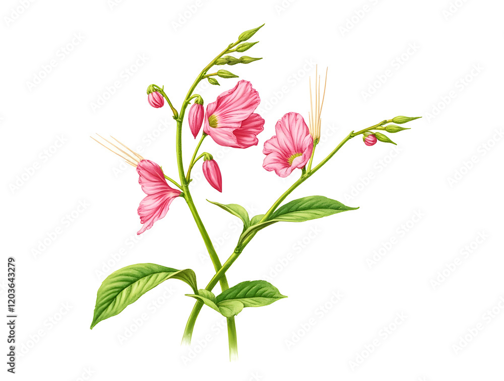 Fototapeta premium Illustration of pink bellflowers with bright green stems and leaves, done in botanical style, isolated on white background.