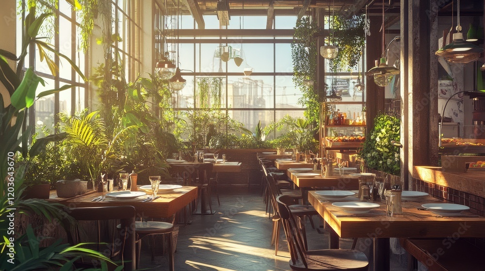 Fototapeta premium Modern restaurant with large glass windows