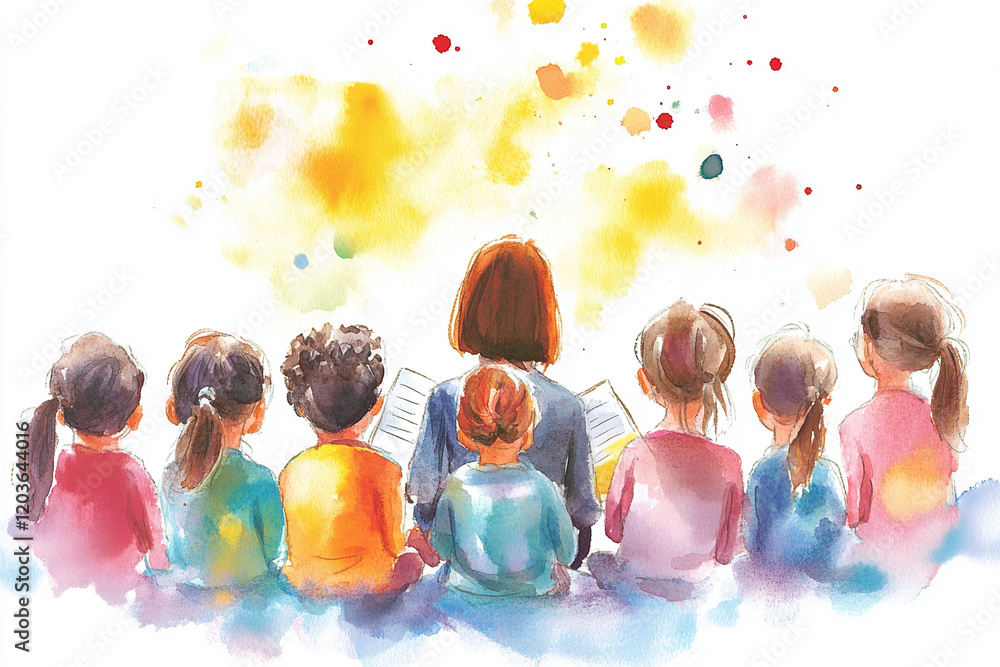 The image is a watercolor illustration of a group of children sitting on the ground, facing a woman who is holding an open book