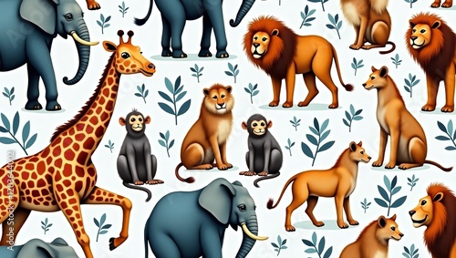 A vibrant and intricately detailed watercolor pattern of zoo animals

 photo