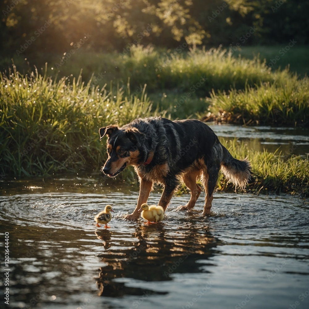 A dog and a duckling playing together near a sparkling pond.