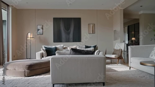 Elegant living room interior with contemporary furnishings and soft lighting for a cozy, inviting feel.