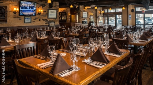 Restaurant dining room, filled with tables and chairs, ready for a banquet or party. photo