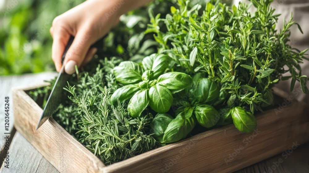 Fresh Herbs in Wooden Box: A Culinary Delight Fresh Herbs in Wooden Box: A Culinary Delight