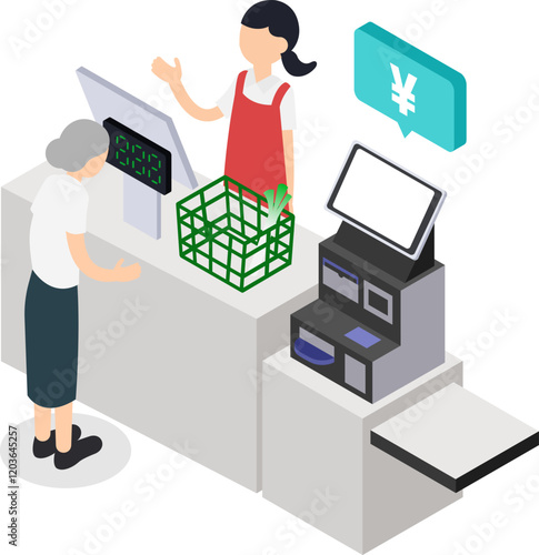 スーパーマーケットでの高齢者の買い物客と店員とセミセルフレジレジのアイソメトリックイラスト