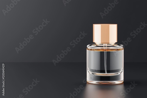 Elegant Glass Perfume Bottle with Gold Cap on Dark Background photo