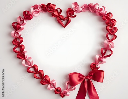 Saint valentines day frame design, Creative layout adorned by red and pink rose flowers and paper heart in heart shape on white background. Top view, flat lay concept