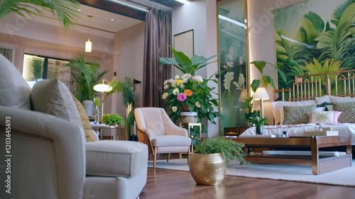 Luxurious bedroom interior with tropical decor, offering a relaxed and serene atmosphere with lush greenery.