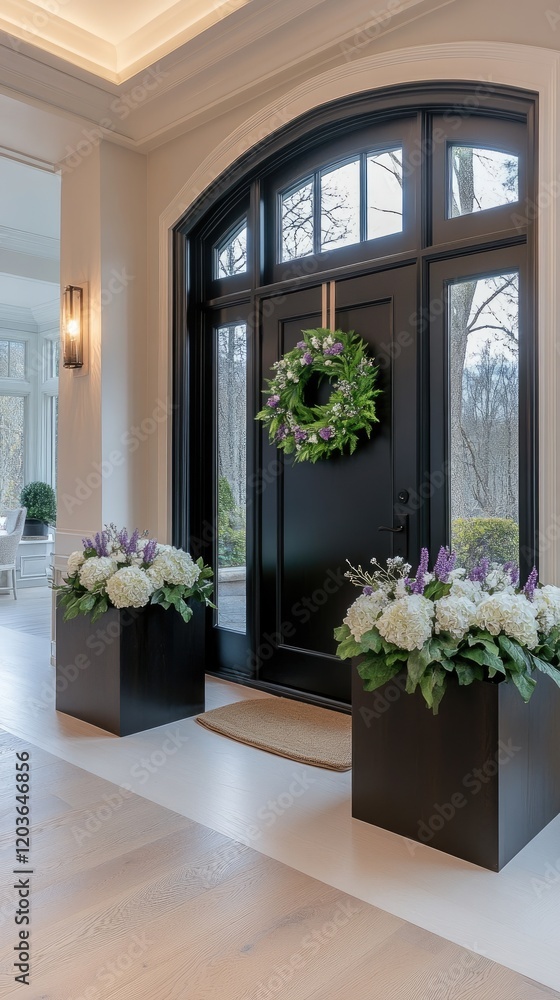 The oak front door features black trim and small green wreaths, framed by large wooden planters bursting with white and purple flowers on a sunny day at a stone house The oak front door features black trim and small green wreaths, framed by large wooden planters bursting with white and purple flowers on a sunny day at a stone house