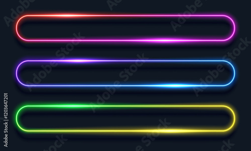 Neon rectangle light frame. Led button with glow. Laser template for text. Gradient banner with rounded corners. Fluorescent elements for the design of advertising, clubs and games. Glowing neon frame