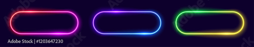 Neon rectangle light frame. Led button with glow. Laser template for text. Gradient banner with rounded corners. Fluorescent elements for the design of advertising, clubs and games. Glowing neon frame