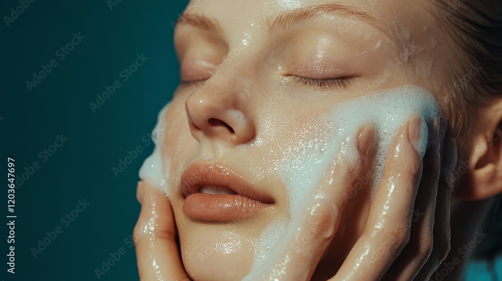 Obraz premium Close-up studio shot of a beautiful woman with perfect skin, cleaning her face with a gentle touch, highlighting skincare routine, beauty treatment for flawless complexion. Lens focus on facial care