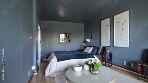 Minimalist living room and bedroom with dark blue tones and simple, elegant decor for a serene, sophisticated ambiance.