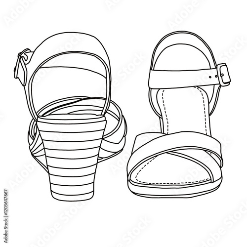 Women's Espadrille Wedge Sandal With Cross Strap Model line art, Technical sketch hand drawing outline vector doodle front and rear view isolated on white background for coloring page