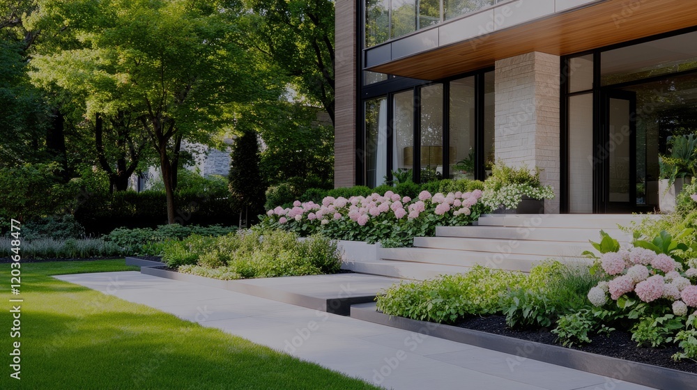 Bright pink hydrangeas bloom in the front yard of a modern farmhouse. The beige stone house is complemented by black steel windows and a dark roof, creating an inviting atmosphere Bright pink hydrangeas bloom in the front yard of a modern farmhouse. The beige stone house is complemented by black steel windows and a dark roof, creating an inviting atmosphere