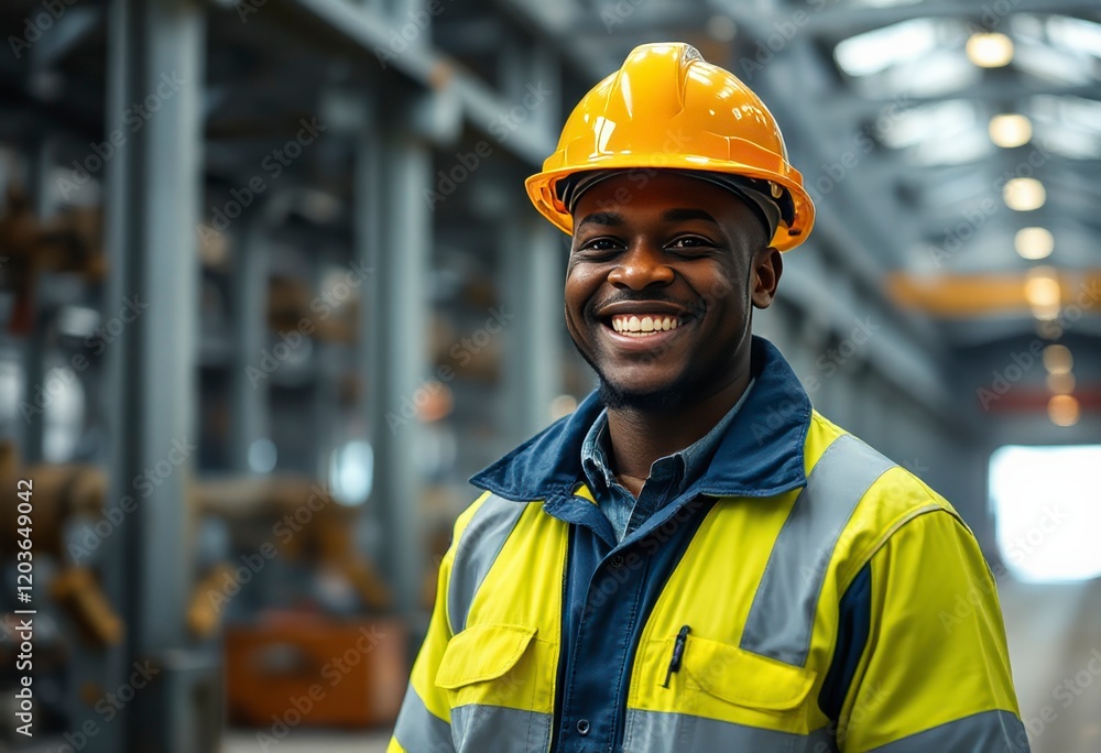Engineer in safety uniform and hard hat smiles confidently in a bright warehouse filled with machinery and equipment during the day. Engineer in safety uniform and hard hat smiles confidently in a bright warehouse filled with machinery and equipment during the day.