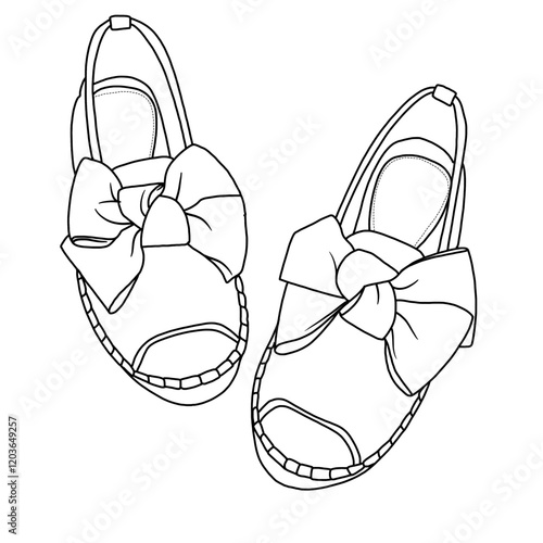Women's Espadrille Wedge Sandal With Ribbon line art, Technical sketch hand drawing outline vector doodle isometric top view isolated on white background for coloring page
