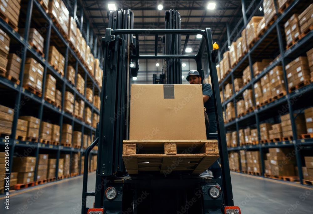 Fototapeta premium Workers handle logistics in a warehouse, using a forklift truck to transport pallets and organize products efficiently.
