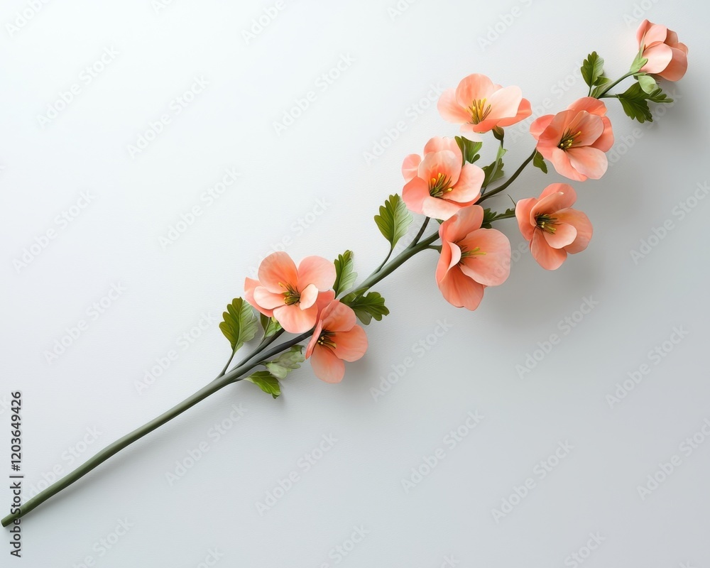 Delicate Peach Blossom Stem with Green Leaves on a Soft Background Delicate Peach Blossom Stem with Green Leaves on a Soft Background