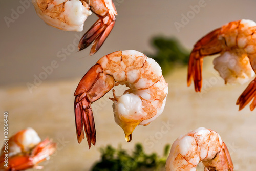 tasty shrimps or prawns flying in the air, delicious sea food, still life food art photo