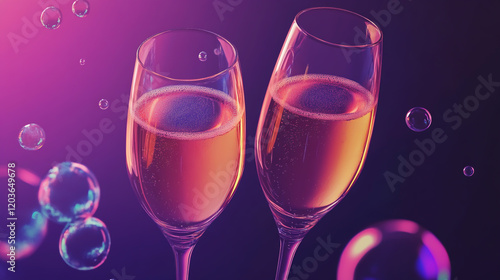 Sparkling celebration elegant champagne isometric view with bubbles and toasting glasses. photo