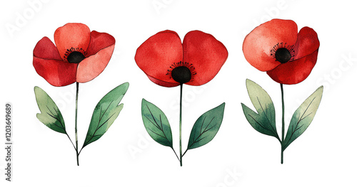Acuarela con tres flores amapolas de color rojo, simétricas y  una junto a las otras, sobre fondo blanco