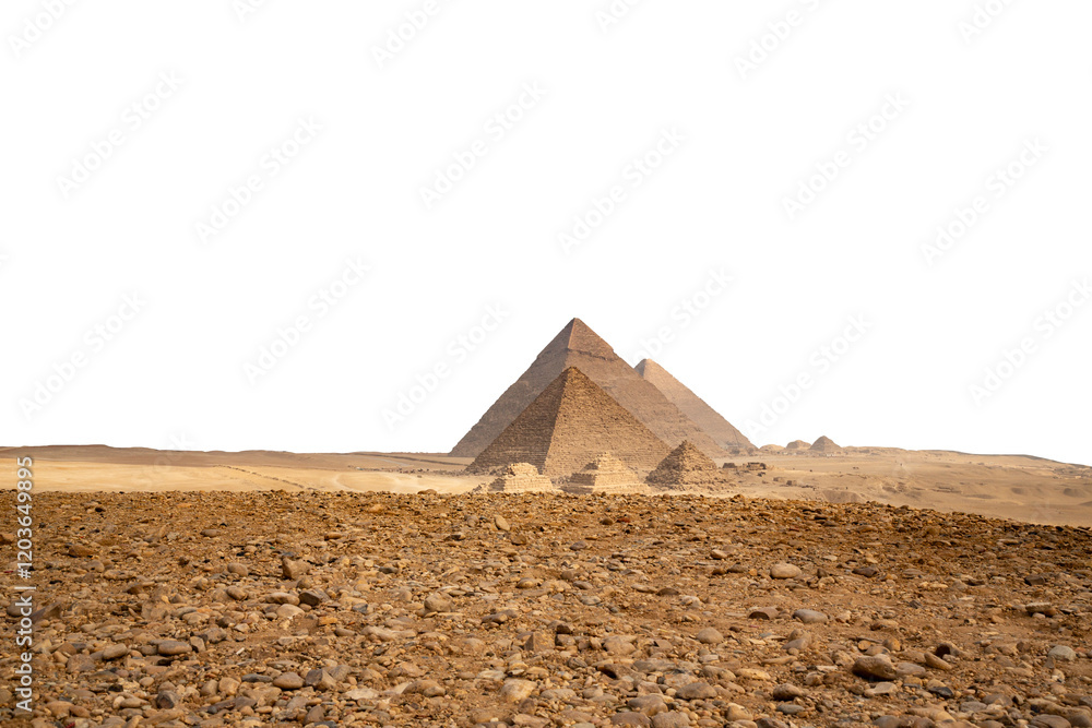 Egypt. Cairo - Giza. General view of pyramids from the Giza Plateau isolated on a white background. (three pyramids known as Queens' Pyramids on front side; next in order from left: the Pyramid of Egypt. Cairo - Giza. General view of pyramids from the Giza Plateau isolated on a white background. (three pyramids known as Queens' Pyramids on front side; next in order from left: the Pyramid of